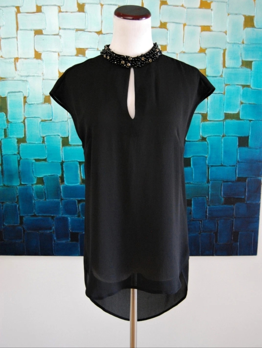 Bellatrix Black Top with Beaded and Gem Embellished Neckline